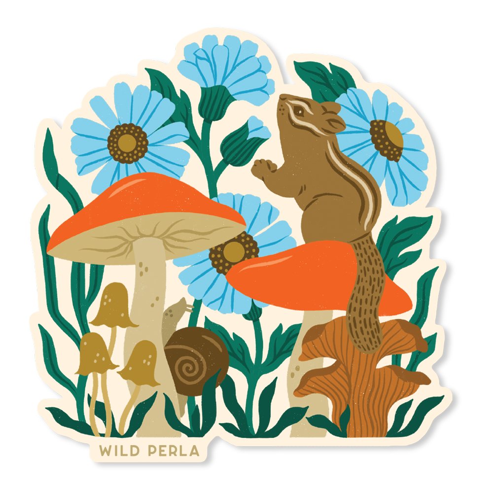 Forest Chipmunk And Mushrooms Die Cut Sticker