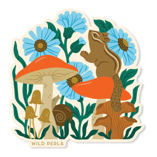 Forest Chipmunk And Mushrooms Die Cut Sticker