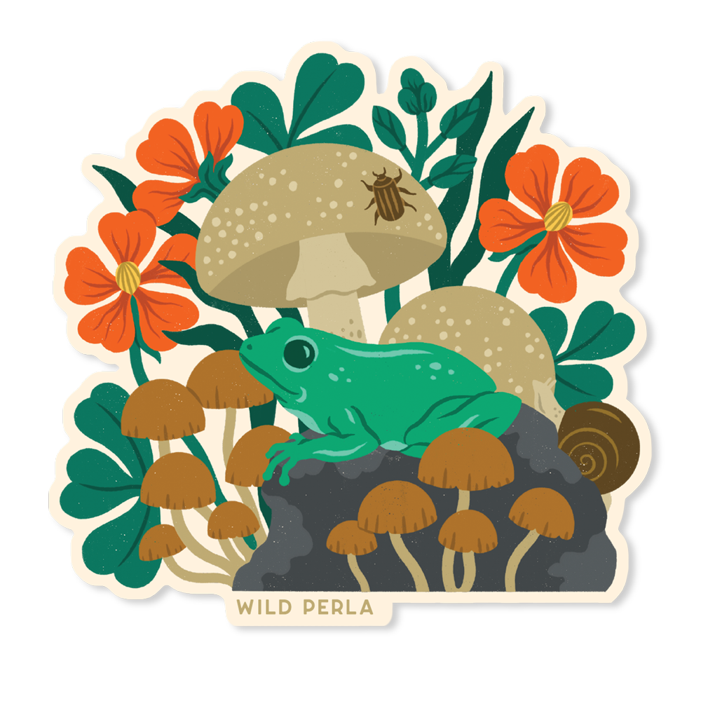 Forest Frog And Mushrooms Die Cut Sticker