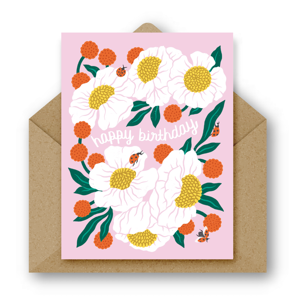 Ladybugs And Chrysanthemums Birthday Greeting Card