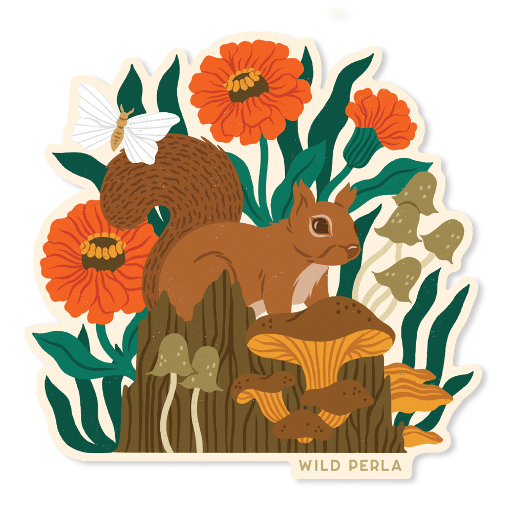 Forest Squirrel And Mushrooms Die Cut Sticker