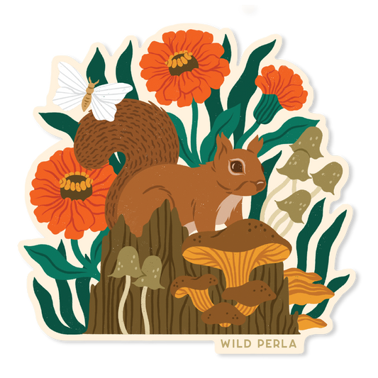 Forest Squirrel And Mushrooms Die Cut Sticker